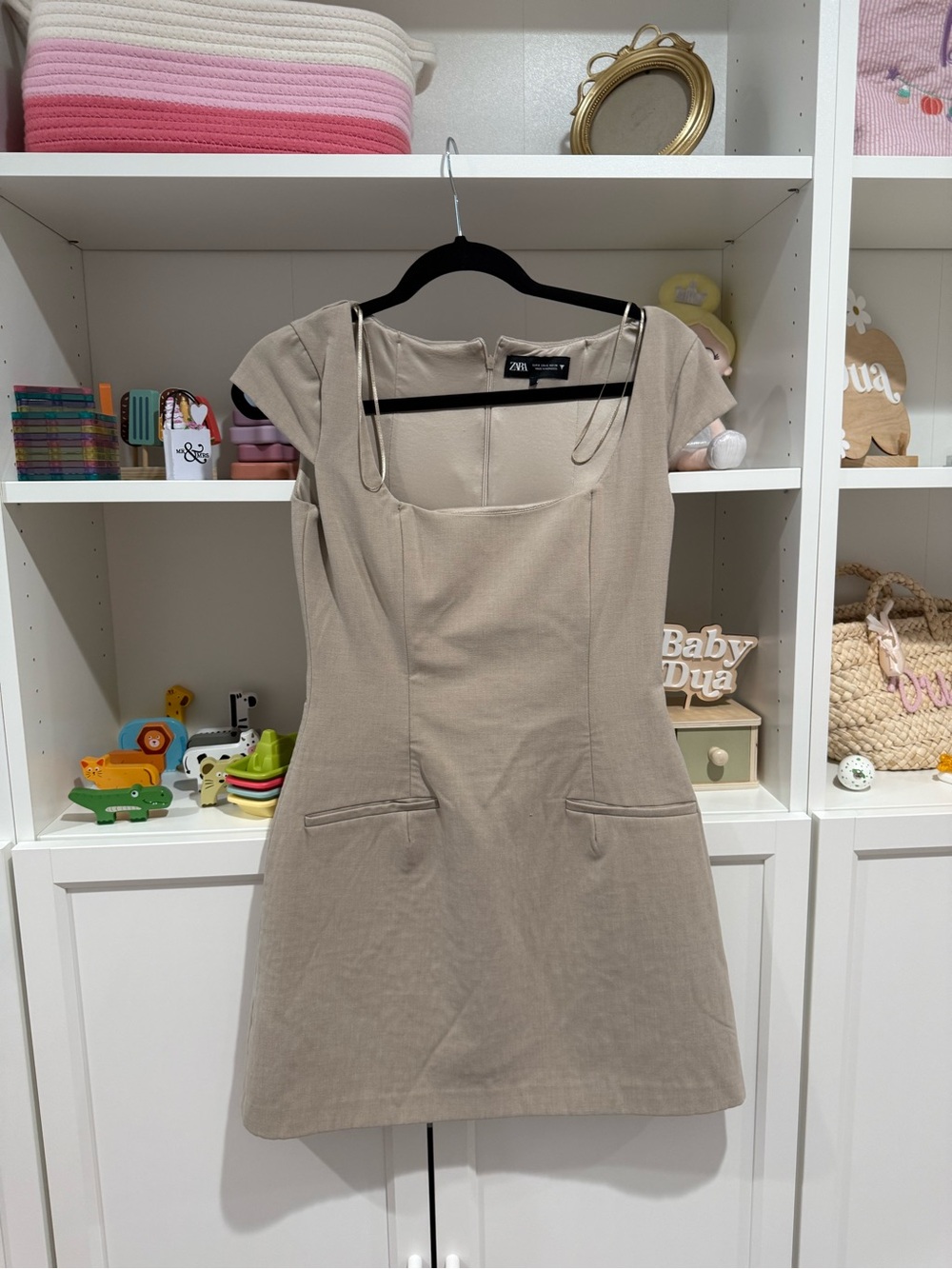 Zara Neutral Taupe Square-Neck Mini Dress